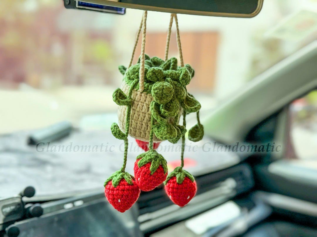 Crochet Strawberry Car Plant - Crochet Hanging Decor - Handmade