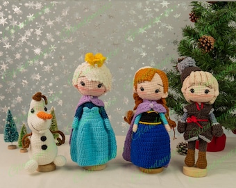 Muñeca de ganchillo Reina Anna Elsa - Juguete amigurumi Anna Elsa Kristoff Olaf - Peluche Princesa Frozen - Regalo para niños - Regalo de Navidad
