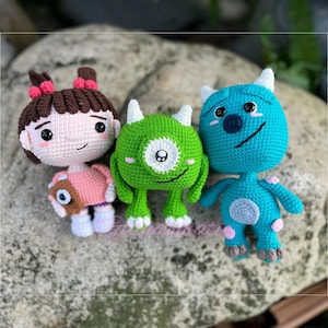Crochet Monster Trio Plushie Set - Mike, Boo, and Sulley - Soft Stuffed Dolls - Monster University Inspired Amigurumi Dolls