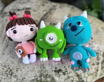 Crochet Monster Trio Plushie Set - Mike, Boo, and Sulley - Soft Stuffed Dolls - Monster University Inspired Amigurumi Dolls
