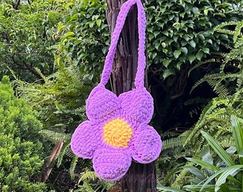 Paarse Daisy gehaakte tas - aangepaste kleur bloem gehaakte portemonnee - handgemaakte bloemen tote bag - breien handtas - gehaakte markttas