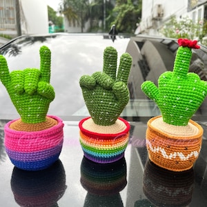 Cactus Hand Crochet - LGBT Pride Amigurumi Cactus - Cactus Pot Crochet Gift - Middle Finger, Victory Sign - Pincushion Crochet