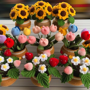 Peut inclure: Une collection d'arrangements floraux en crochet dans des pots. Les arrangements pr&eacute;sentent des tournesols, des tulipes et des marguerites dans diff&eacute;rentes couleurs, notamment le jaune, le rouge, le rose, le bleu et le blanc.