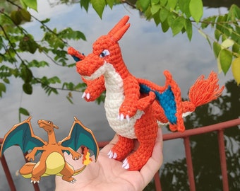 Custom Charizard Crochet Doll - Starter Fire Dragon Amigurumi - Gen 1 Pocket Monster Dolls - Anime, Game Crochet Dolls