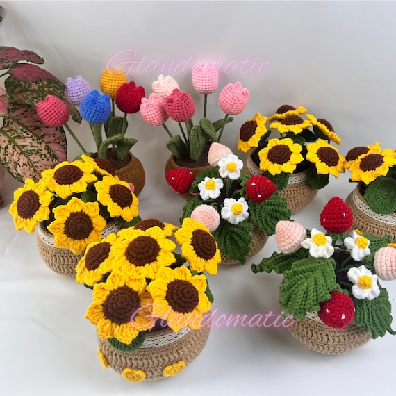 Crochet Flower Pot - Handmade Sunflower, Tulip, Strawberry - Anniversary Flower Bouquet -  Cotton Yarn Crochet Bouquet