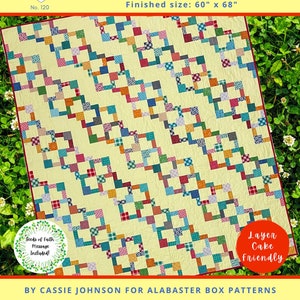 May include: A quilt pattern called "On The Grounds" by Cassie Johnson for Alabaster Box Patterns. The pattern is for a quilt that is 60 inches by 68 inches. The quilt is made up of a variety of colorful squares and rectangles. The quilt is layer cake friendly.