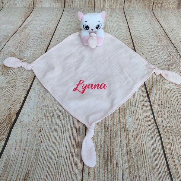 Doudou chat  plat à nœuds personnalisable en broderie/ Double gaze de coton