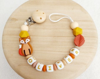 Personalized silicone pacifier clip-Fox pacifier clip-Handmade silicone pacifier clip-Gold colored letters