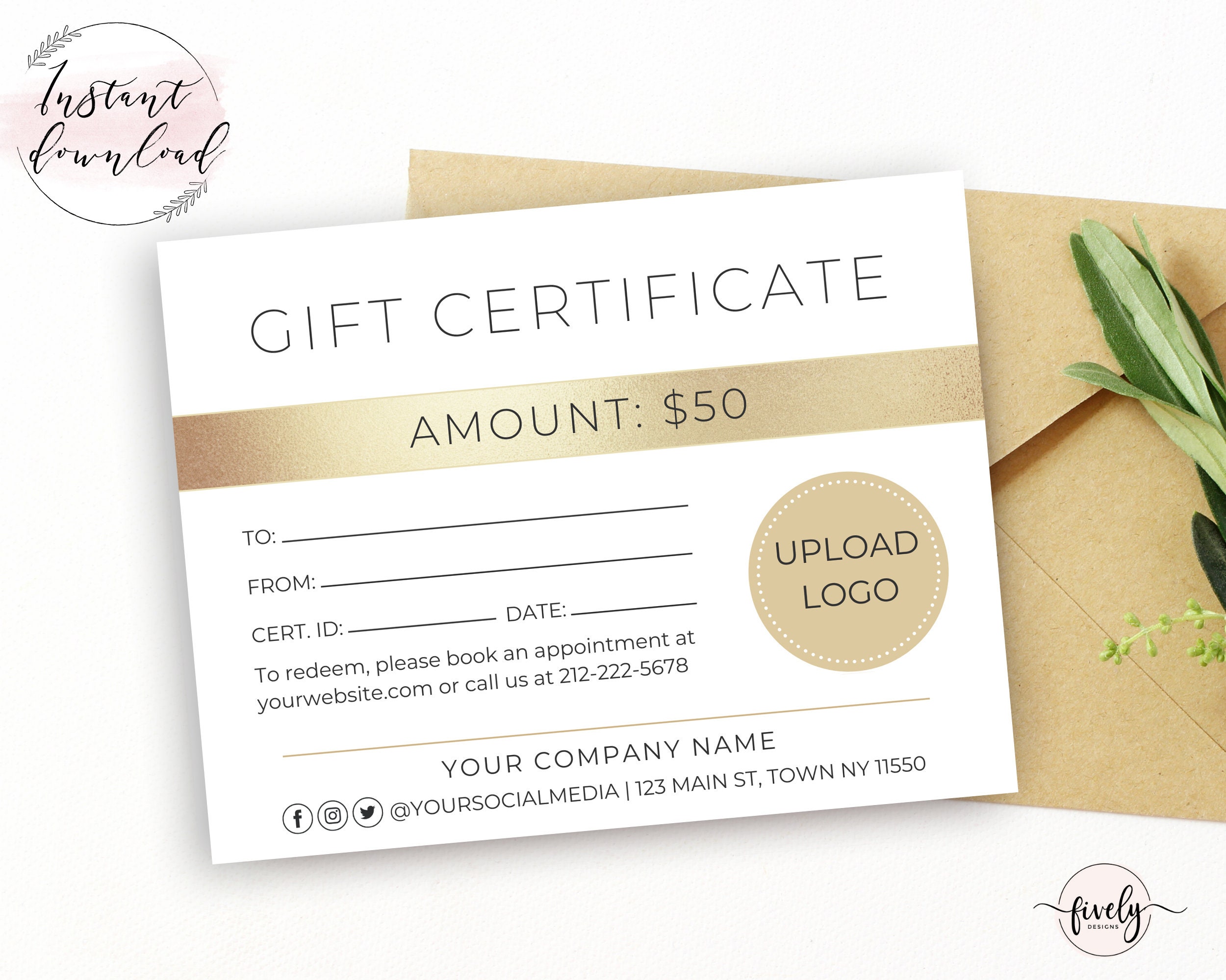 gold gift certificate template download digital file etsy