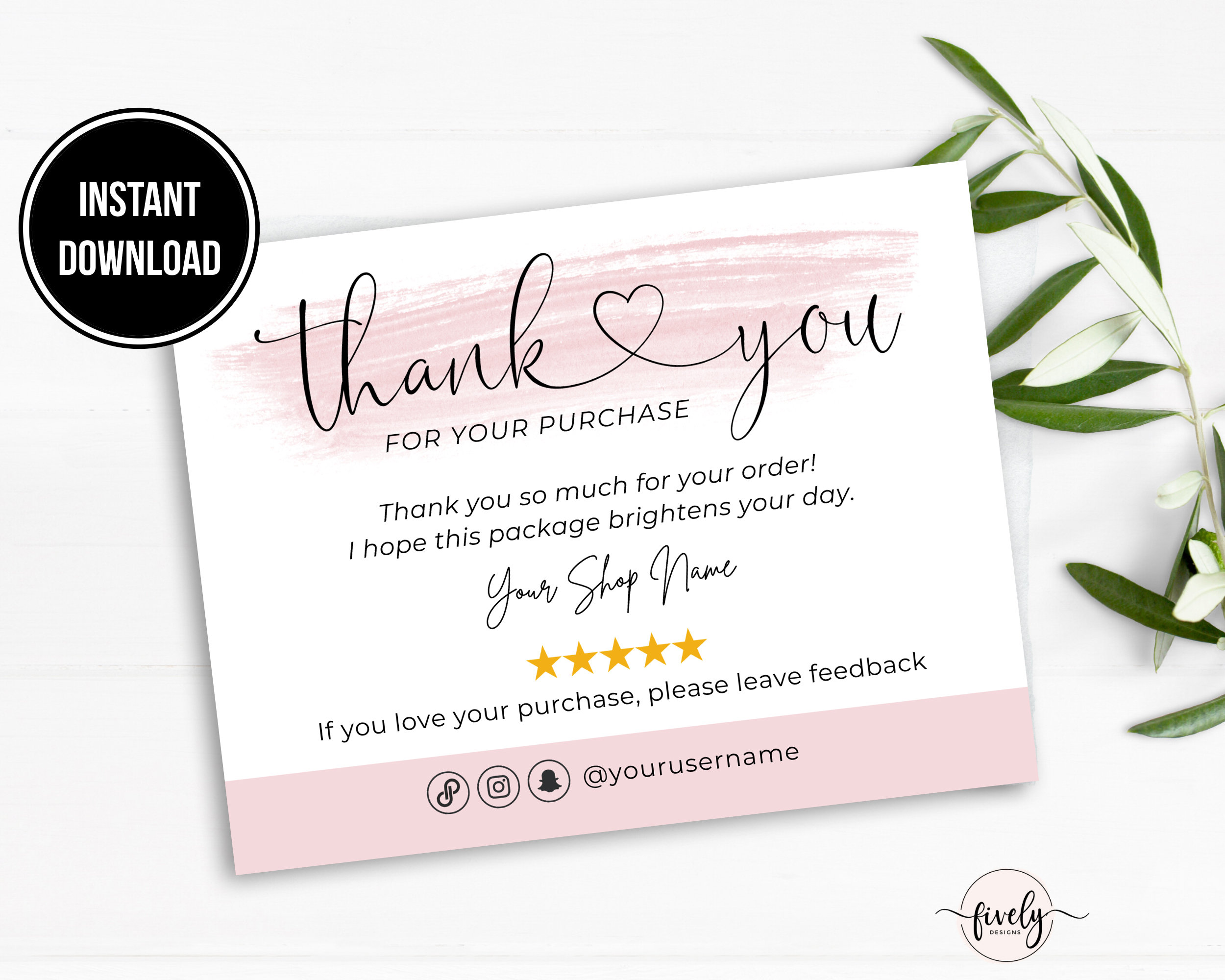 Thank You For Your Order Card, Modern Business Insert Card Template,  Printable Thank You