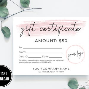 Custom Gift Certificate Template Editable Printable DIY Gift - Etsy