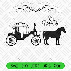 Bolo de casamento topper carruagem cavalo, decoração de bolo svg dxf eps jpg modelo pdf, arquivos vetoriais, corte a laser, cricut, cnc, download instantâneo