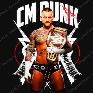 May include: A wrestler with tattoos and a championship belt, wearing black wrestling trunks with stars, poses with a thumbs up. The background is black with white lightning bolts and the text "CM PUNK" in white.