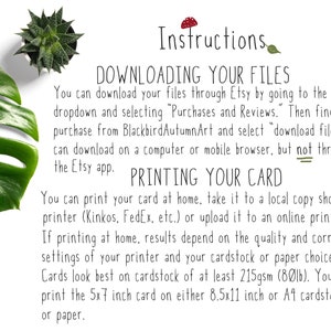 May include: Instructions for downloading and printing digital files for a 5x7 inch card. The text mentions using Etsy, a computer or mobile browser, and a local copy shop or online printer. It also recommends using cardstock of at least 215gsm (80lb).