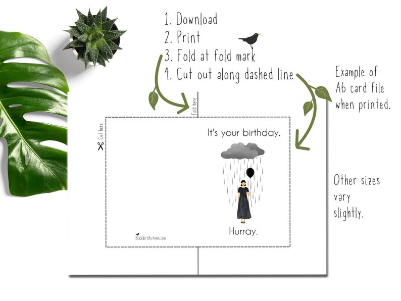 May include: Printable birthday card featuring a black and white illustration of a person holding a balloon under a gray rain cloud. The text "It's your birthday. Hurray." is included on the card.