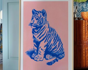 Tiger Cub Art Print: Pink Nursery Decor, Whimsical Safari Animal Illustration