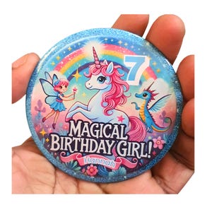 Personalized Unicorn Birthday Badge For Girls– 75mm Magical Custom Design