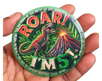 Roar T-Rex Birthday Badge – 75mm Customised Handmade by CamieRoseUK
