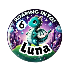 May include: A circular badge with a teal dragon illustration. The text "ROARING INTO!" and the number "6" are above the dragon. The name "Luna" is below. The background shows a purple crystal landscape.