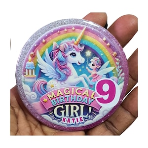 Personalized Unicorn Birthday Badge – 75mm Magical Custom Design