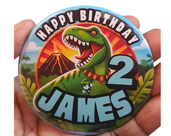 Roarsome T-Rex Birthday Badge – 75mm Customised Handmade by CamieRoseUK