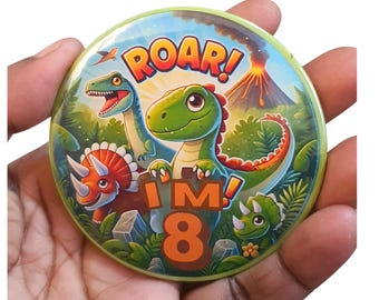 Dino Friends Birthday Badge – 75mm Customised Handmade by CamieRoseUK