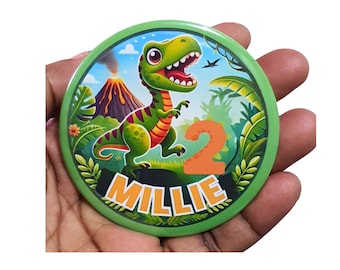 Dino Birthday Badge – Personalized Jurassic Party Favor (75mm)