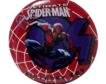 PERSONALISED SPIDERMAN MARVEL INSPIRED BIRTHDAY BADGES LARGE 58MM PERSONALISED SPIDERMAN MARVEL INSPIRED BIRTHDAY BADGES LARGE 58MM