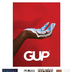 May include: A hand painted with blue and white paint against a red background. The hand is open and palm up. The word "GUP" is printed in white on the red background. The number "59" is printed in white next to the word "GUP".