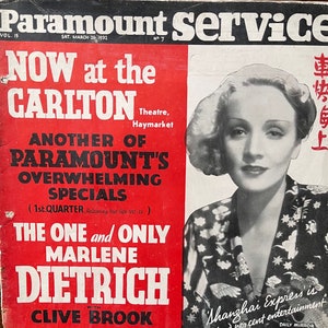 Revista vintage rara del servicio Paramount de 1932 Marlene Dietrich - Cultura cinematográfica - Actores icónicos, obras de teatro y reseñas - Número atrasado coleccionable