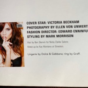May include: A magazine cover featuring Victoria Beckham on the cover. The magazine is titled "ID" and the text on the cover reads "World Exclusive: More Lies, Damon and David and the Marriage and the Many Victoria's Confessions".
