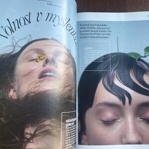 May include: A magazine spread features two close-up portraits. One shows a person with eyes closed, a flower on their nose, and the text "Volnost v my&scaron;lenke." The other shows a person with styled hair and the text "SLEEKY."