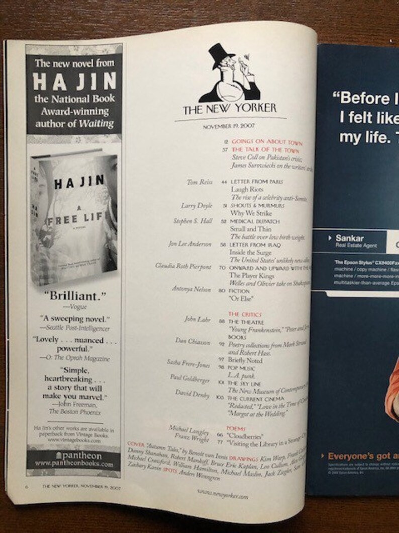 May include: A magazine cover featuring a black and white illustration of a man wearing a top hat and smoking a pipe. The magazine is titled "The New Yorker" and the date is November 19, 2007. The cover also features a book cover for "A Free Life" by Ha Jin, with the text "Brilliant" and other positive reviews.