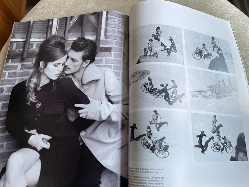 May include: A black and white magazine spread featuring a couple embracing in front of a brick wall. The right side of the spread shows six small images of people with bicycles.