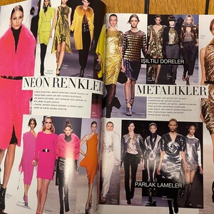 May include: A fashion magazine spread showcasing models wearing various clothing styles. The page is divided into sections with headings: "Neon Renkler", "Isiltili Doreler", "Metalikler", and "Parlak Lameler".