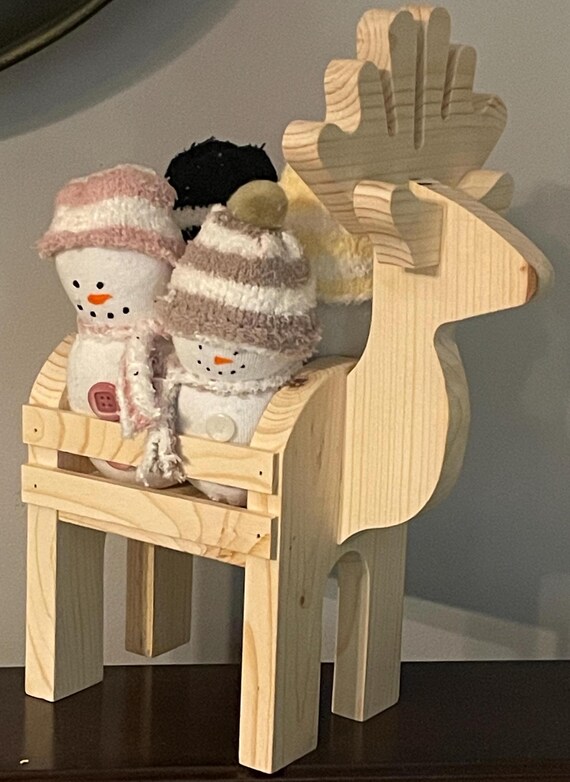 Wooden Reindeer Basket with Stuffed Snowmen