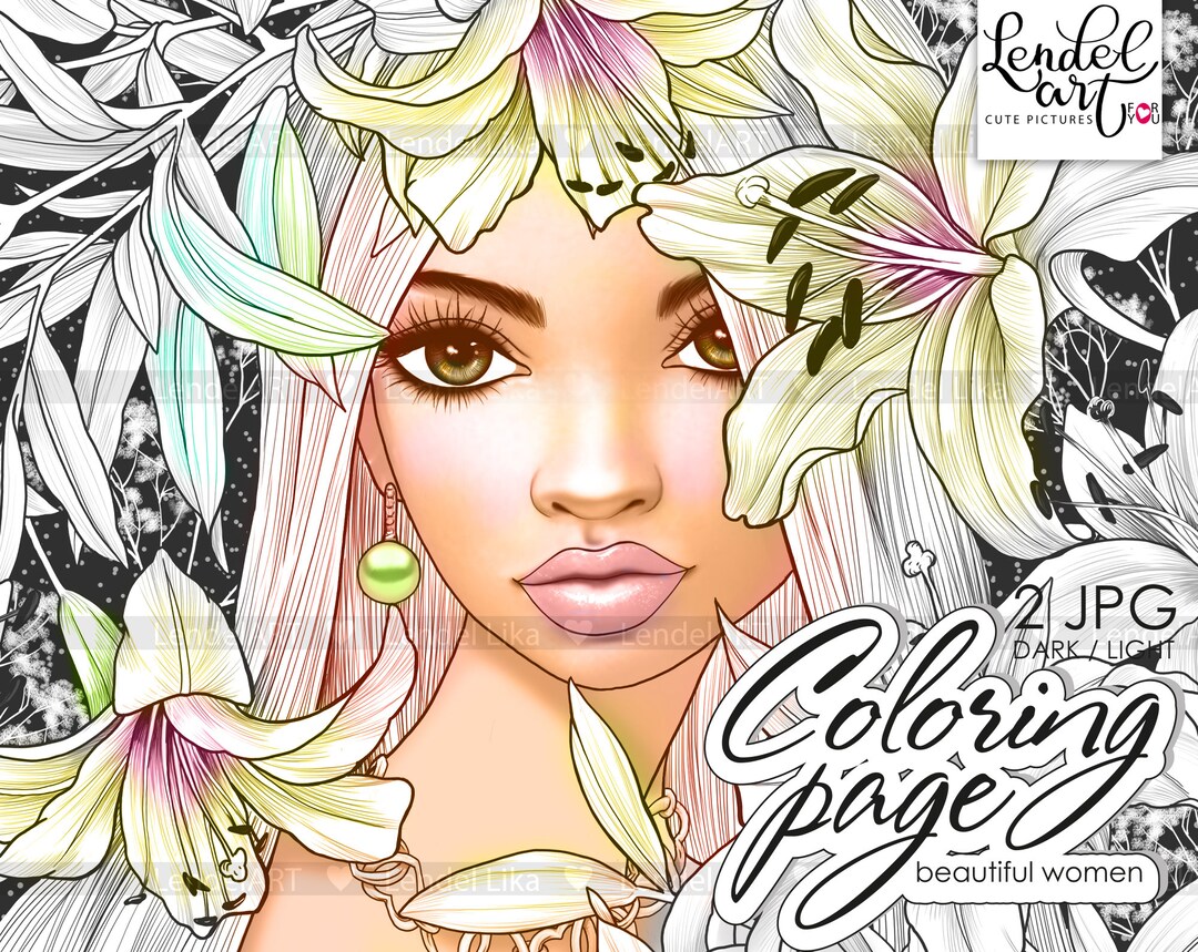 Coloring Page Girl Portrait, Printable Coloring, Beautiful Girl, Lily