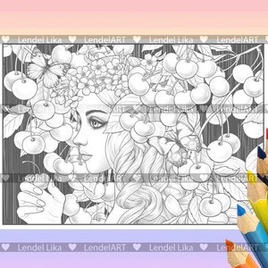 Coloring Page Girl Portrait, Beautiful Girl, Cherry, Summer, Flowers ,coloring Page for Adults ...