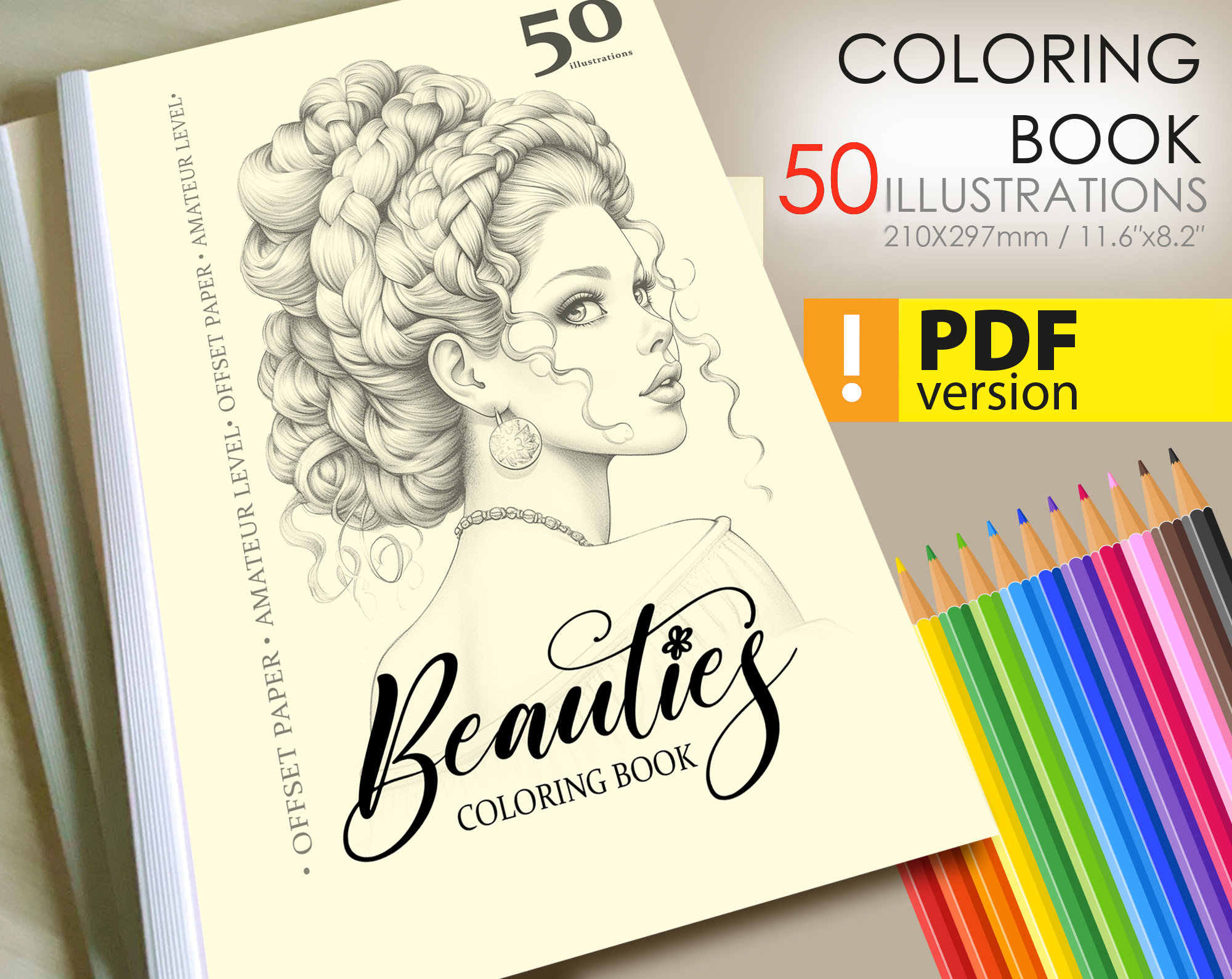Coloring Book, Alluring Portrait, Coloring Book for Adults and Kids, 25  Pages, Grayscale Illustration Printed High Quality Paper Hard 