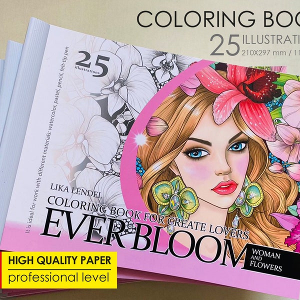 Coloring Book, Woman and flowers, Coloring book for adults and kids, 25 pages, grayscale illustration printed high quality paper hard