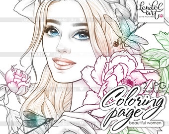 Printable coloring page girl portrait, Coloring Page for Adults, flowers, dragonflies, Grayscale Coloring Page, Instant Download