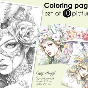 Beautiful girls, 10 Coloring Pages, Coloring book for adults, Pretty Ladies, grayscale coloring sheets, 11.7 x 8.3 &quot; Size, PDF