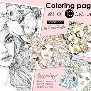 Coloring book for adults, 10 Coloring Pages, Pretty Ladies, flowers, grayscale coloring, 11.7 x 8.3 &quot;, PDF, part 1, Instant Download
