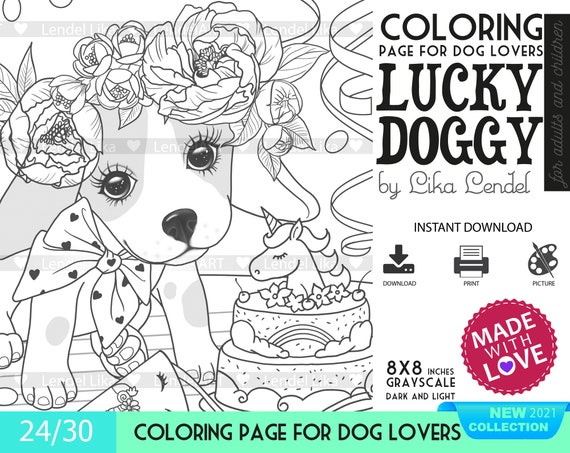 coloring page digi stamp lucky doggy dog puppy printable etsy
