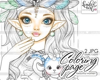 Printable coloring page girl portrait, Coloring Page for Adults, elf, fairy, Grayscale Coloring Page, Instant Download, JPG