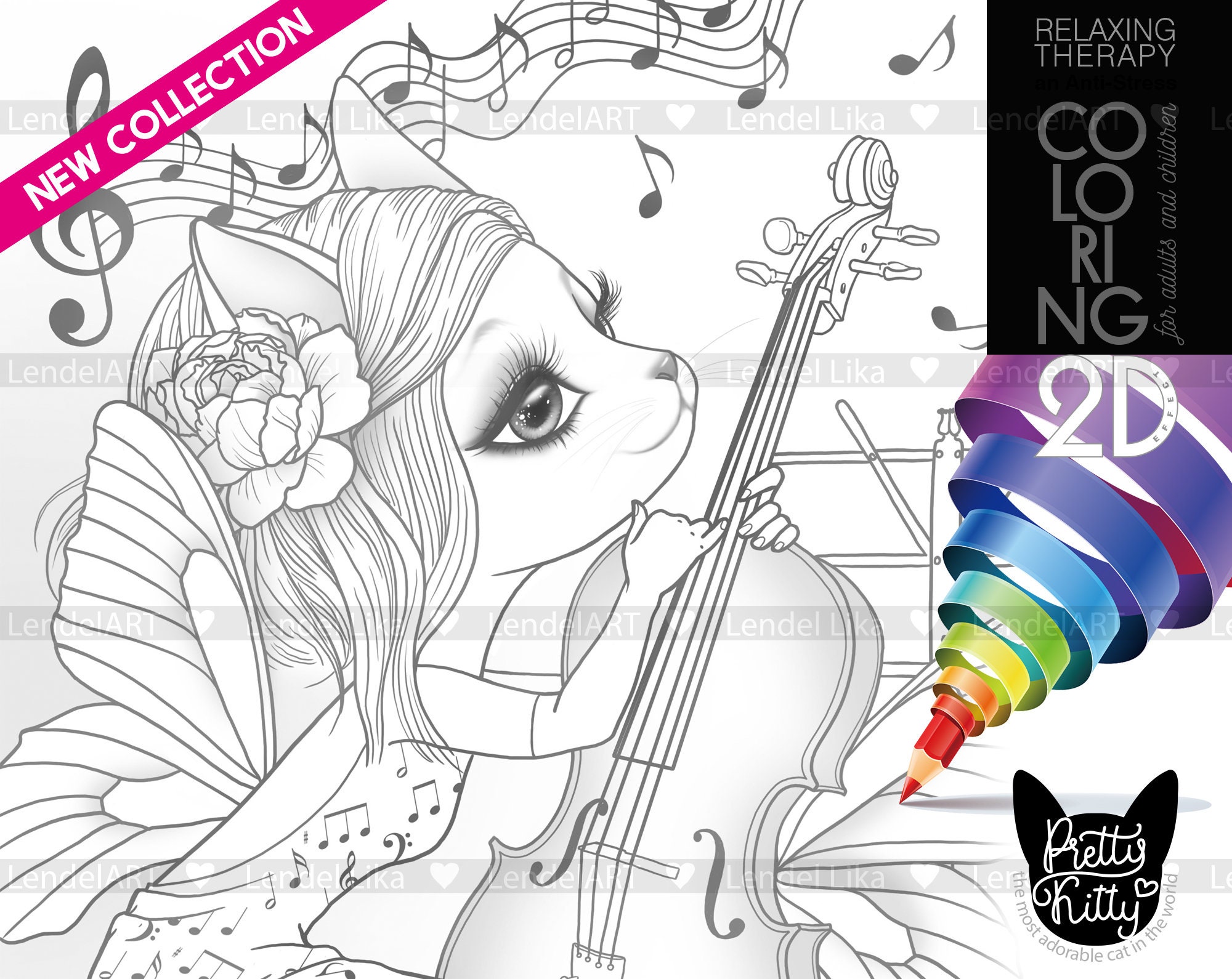Kitty & Music Coloring Page Printable Adult Kids Cute Animal | Etsy