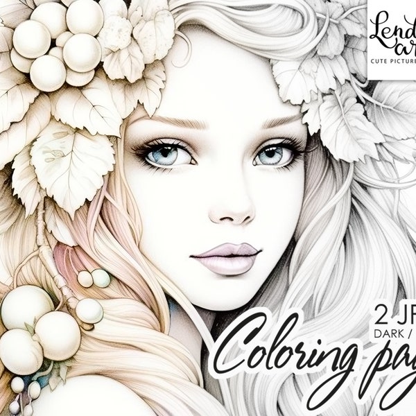 Sophia, Coloring Page for Adults, Grayscale Coloring Page, girl portrait, Instant Download, light/dark JPEG