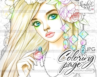 Coloring page girl portrait, Bijou, Jewelry,Coloring Page for Adults, Grayscale Coloring Page, Printable coloring, Instant Download, JPG