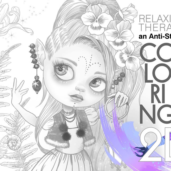 Coloring Pages Forest Fairy, Coloring Relaxing Therapy Anti-Stress, Art line, Little cute girls, Coloring adult,children, Instant Download