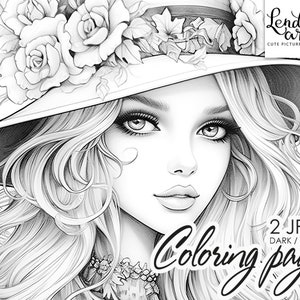 Lady in a Hat, Coloring Page for Adults, Grayscale Coloring Page, Girl ...